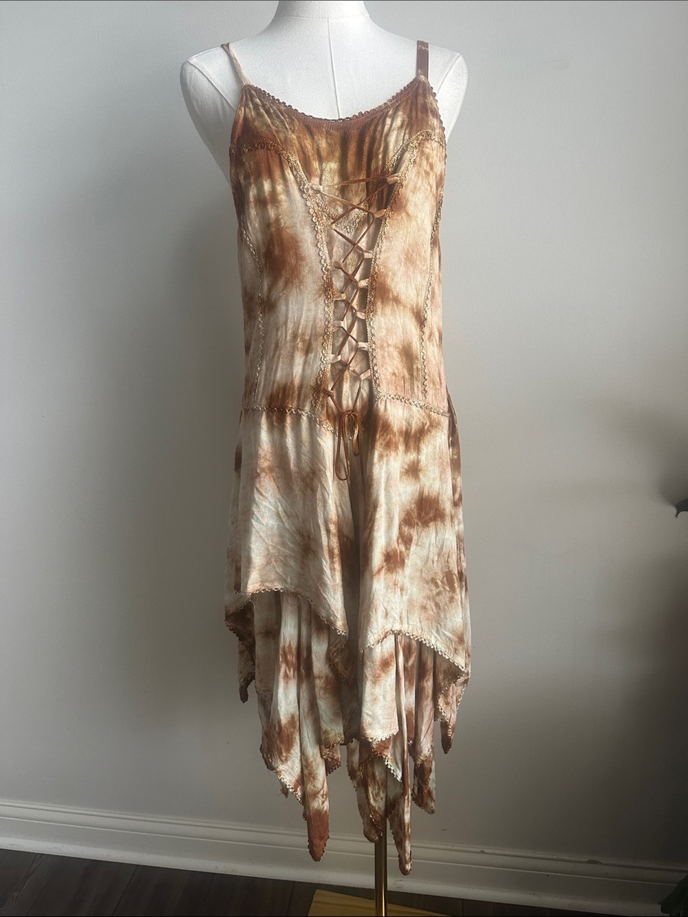 Brown Cream Tie Die Corset Bodice Handkerchief Hem Dress Women M Fairy Festival